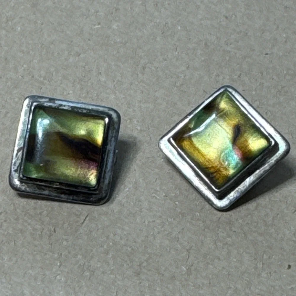 Vintage BEST Clip On Earrings Green Gold Iridescent Glass Square Silver Tone